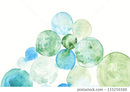 Abstract watercolor circles in blue and green shades on white background 133250380