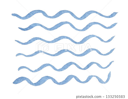 Blue watercolor wavy lines pattern in various horizontal wave shapes on white 133250383