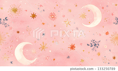 夢幻般的背景，月亮和星星在水彩粉紅色的天空中舞動。 133250789
