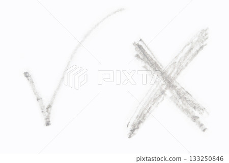 Hand-drawn checkmark and cross marks on white background using pencil strokes Hand-drawn checkmark and cross marks on white background using pencil strokes 133250846