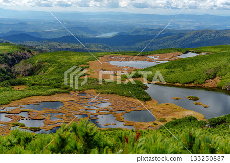 Autumn scenery of the grass foliage and ponds at Numanohira in Daisetsuzan (Hokkaido) 133250887