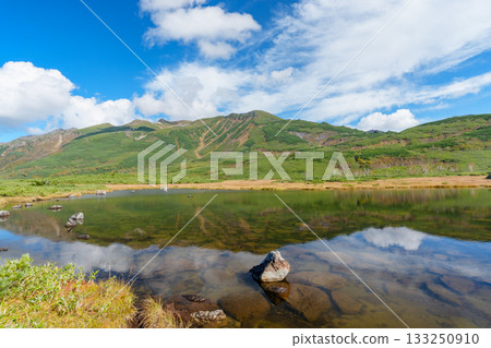 北海道大雪山沼之平的秋日草地、樹葉和池塘景色 133250910