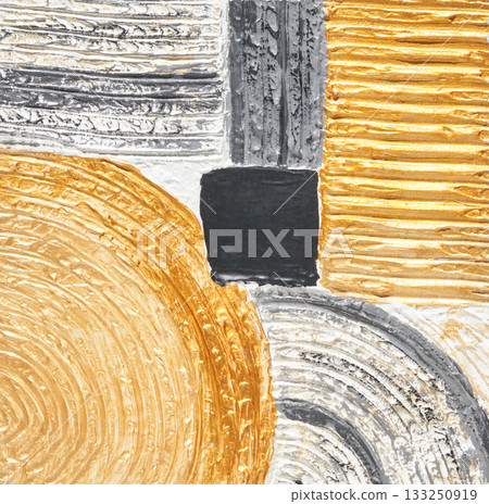 Abstract textured painting with gold and gray geometric patterns featuring Abstract textured painting with gold and gray geometric patterns featuring 133250919