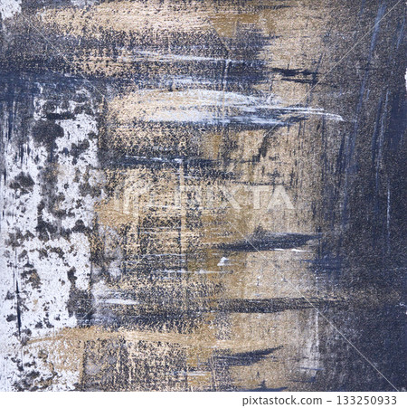 Abstract grunge texture with blue and gold paint streaks on rough surface 133250933
