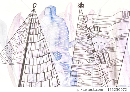 Abstract geometric ink and watercolor art featuring intricate tree patterns Abstract geometric ink and watercolor art featuring intricate tree patterns 133250972
