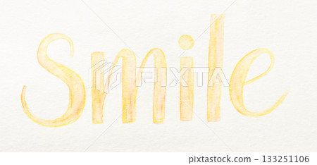 Watercolor text art with bright yellow smile on white background 133251106
