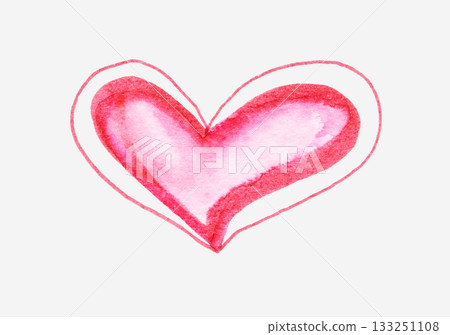 Watercolor heart with pink and red hues encircled by outline on white 133251108