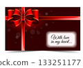 A card or envelope with Love in my heart, tied with a bright red ribbon and bow, vector illustration 133251177