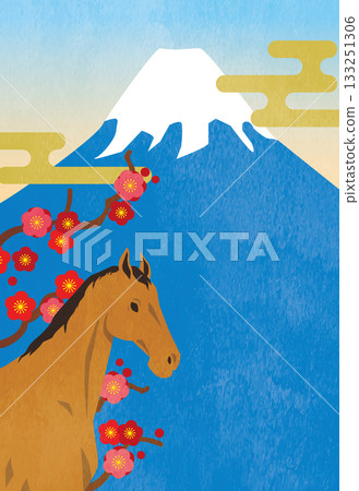 Mount Fuji, plum blossoms and horses Mount Fuji, plum blossoms and horses 133251306