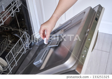 Hand placing detergent tablet in dishwasher compartment for efficient cleaning 133251325
