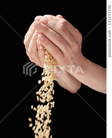 Hands holding and releasing falling grains with black background 133251592