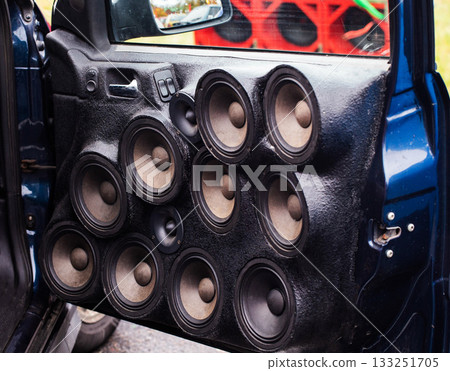 Custom Car Door Panel Loaded With Multiple Speakers. Loud Sound System Is Built For Maximum Audio Performance. 133251705