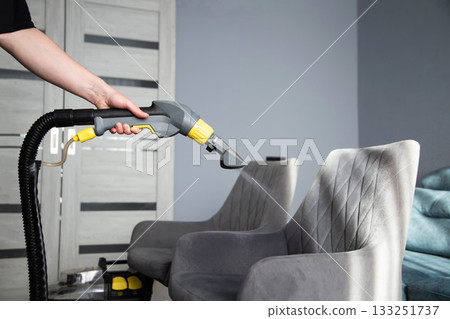 Cleaning process of modern furniture in a stylish living room in bright daylight 133251737