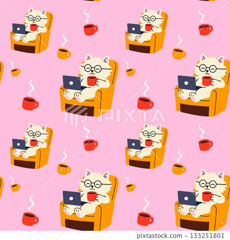 Cozy Cat Sitting with Laptop and Coffee Seamless Pattern 133251801