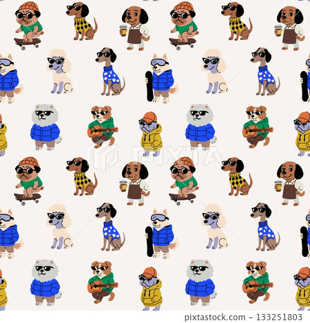 Fun Seamless Pattern of Trendy Dogs with Accessories Fun Seamless Pattern of Trendy Dogs with Accessories 133251803