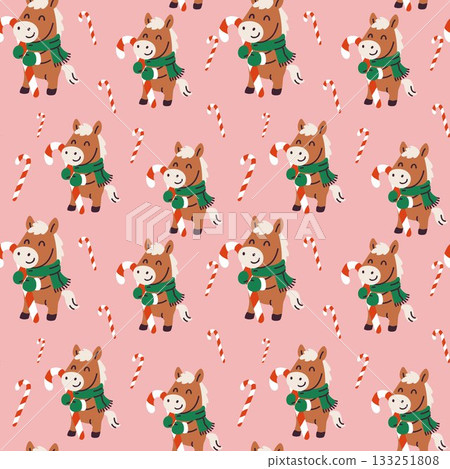 Festive Horses in Scarves with Candy Canes on Pink Background Festive Horses in Scarves with Candy Canes on Pink Background 133251808
