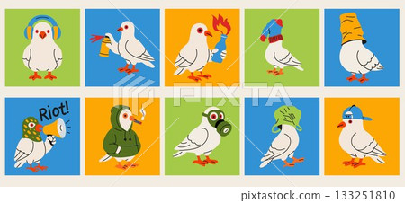 Cool Pigeons in Streetwear and Riot Gear with Bright Colors 133251810