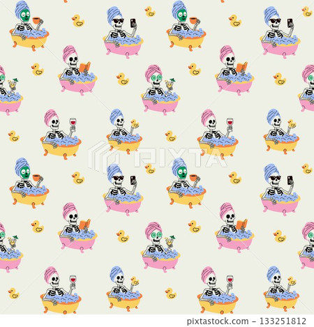 Relaxing Skeletons Spa Day Seamless Pattern with Rubber Ducks Relaxing Skeletons Spa Day Seamless Pattern with Rubber Ducks 133251812