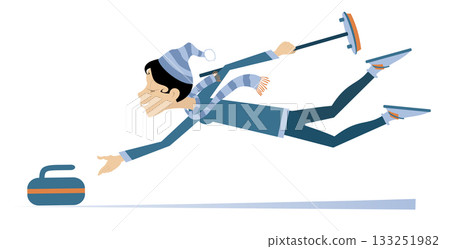 Curling sport. Young woman plays curling.  Winter sport. Young woman with curling brush pushes a stone towards a target in the fall 133251982