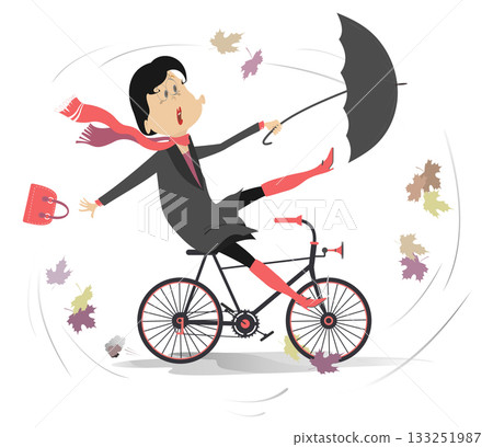 Confused woman on the bicycle. Windy and rainy weather. Woman with an umbrella rides a bike under strong wind and rain Confused woman on the bicycle. Windy and rainy weather. Woman with an umbrella rides a bike under strong wind and rain 133251987