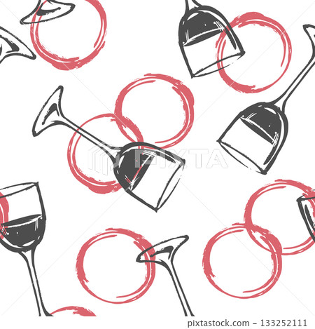 A seamless pattern of wine glasses and wine stains. Vector illustration imitating a brush drawing black ink. Clipart for a winery, wine menu, or packaging. A combination of grunge and vintage effects. 133252111