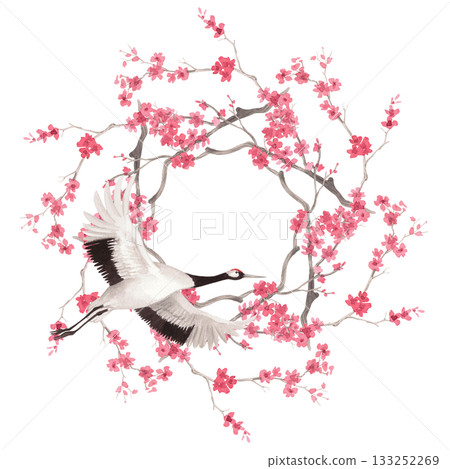 Wreath of the sakura branches and gapanese red crowned crane. Watercolor handmade illustration. For fabric, wallpaper, greeting cards, design, decoration and illustration. Wreath of the sakura branches and gapanese red crowned crane. Watercolor handmade illustration. For fabric, wallpaper, greeting cards, design, decoration and illustration. 133252269