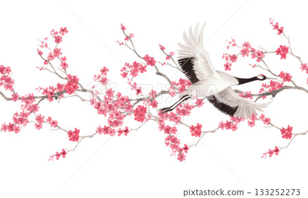 Seamless border of sakura branches and japanese crane. Watercolor handmade illustration. For fabric, wallpaper, greeting cards, design, decoration and illustration. Seamless border of sakura branches and japanese crane. Watercolor handmade illustration. For fabric, wallpaper, greeting cards, design, decoration and illustration. 133252273