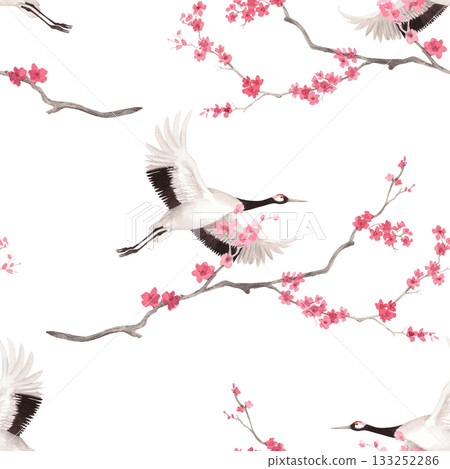 Seamless pattern of sakura and japanese red crown cranes. Watercolor handmade illustration. For fabric, wallpaper, greeting cards, design, decoration and illustration. Seamless pattern of sakura and japanese red crown cranes. Watercolor handmade illustration. For fabric, wallpaper, greeting cards, design, decoration and illustration. 133252286