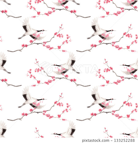 Seamless pattern of sakura branches and japanese red crown cranes. Watercolor handmade illustration. For fabric, wallpaper, greeting cards, design, decoration and illustration. Seamless pattern of sakura branches and japanese red crown cranes. Watercolor handmade illustration. For fabric, wallpaper, greeting cards, design, decoration and illustration. 133252288