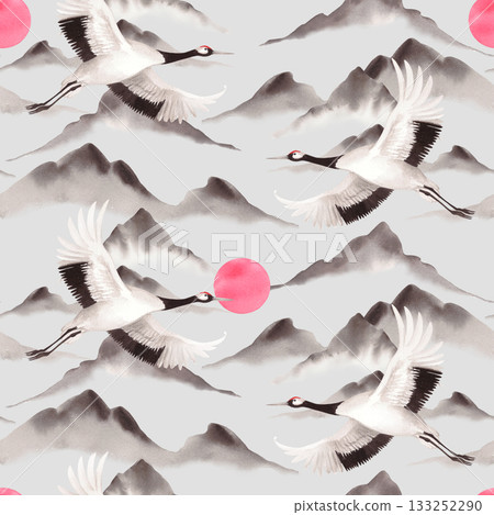 Seamless watercolor pattern of japanese red crown crane flying above mountains and sunrise on the grey background. For fabric, wallpaper, greeting cards, design, decoration and illustration. Seamless watercolor pattern of japanese red crown crane flying above mountains and sunrise on the grey background. For fabric, wallpaper, greeting cards, design, decoration and illustration. 133252290