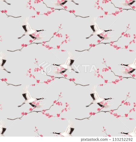 Seamless pattern of sakura and japanese red crown cranes on a grey background. Watercolor handmade illustration. For fabric, wallpaper, greeting cards, design, decoration and illustration. 133252292