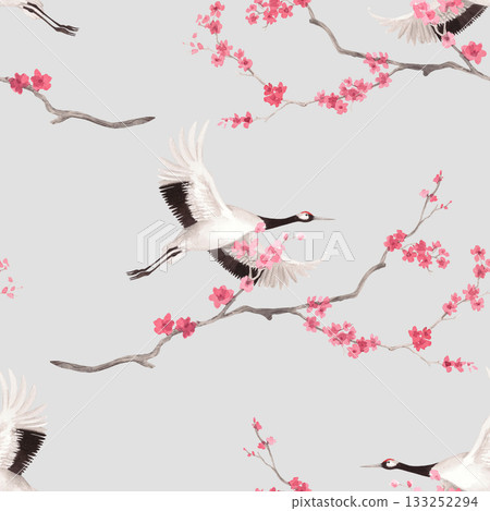 Seamless pattern of sakura and japanese red crown cranes on a grey background. Watercolor handmade illustration. For fabric, wallpaper, greeting cards, design, decoration and illustration. 133252294