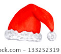 Santa hat. Red hat with soft, fluffy white trim and a pom-pom. Watercolor illustration. Hand-drawn isolated art. Suitable for cards, packaging and Christmas projects. Happy New Year. 133252319