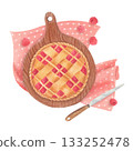 Raspberry pie on wooden board with pink polka dot napkin. Hand-drawn watercolor illustration. 133252478
