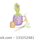 Watercolor illustration of hyacinth in purple polka dot mug with scissors and twine 133252481