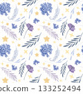 Watercolor seamless floral pattern with blue and purple flowers, yellow stars and delicate branches. 133252494