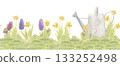 Seamless spring floral border with daffodils, hyacinths and garden watering can. Watercolor illustration. 133252498