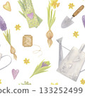 Spring seamless pattern with hyacinths, daffodils, gloves and gardening tools. 133252499