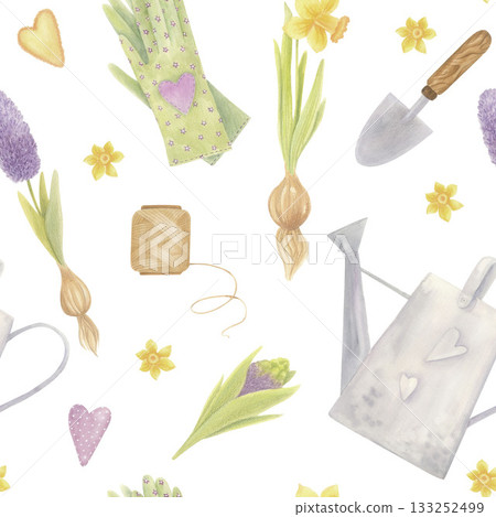 Spring seamless pattern with hyacinths, daffodils, gloves and gardening tools. Spring seamless pattern with hyacinths, daffodils, gloves and gardening tools. 133252499
