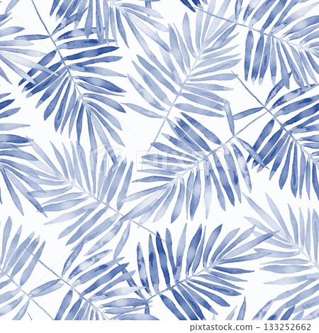 Seamless pattern Illustration featuring hand-drawn blue watercolor palm leaves on white background. Design for resort swimwear, modern interior decor or elegant tropical stationery. Seamless pattern Illustration featuring hand-drawn blue watercolor palm leaves on white background. Design for resort swimwear, modern interior decor or elegant tropical stationery. 133252662