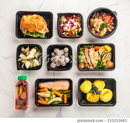 Healthy assorted meal prep dishes in containers Healthy assorted meal prep dishes in containers 133252663