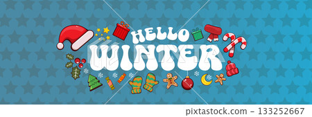 Hello winter banner design template with santa hat, christmas tree, candy, hat, mittens, berries, stars, gifts, balls, moon , gingerbread man, cookies. Hello winter blue wide banner and poster 133252667