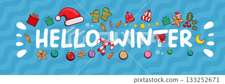 Hello winter banner design template with santa hat, christmas tree, candy, hat, mittens, berries, stars, gifts, balls, moon , gingerbread man, cookies. Hello winter blue wide banner and poster 133252671