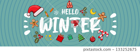 Hello winter banner design template with santa hat, christmas tree, candy, hat, mittens, berries, stars, gifts, balls, moon , gingerbread man, cookies. Hello winter blue wide banner and poster 133252675