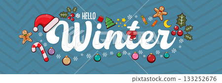 Hello winter banner design template with santa hat, christmas tree, candy, hat, mittens, berries, stars, gifts, balls, moon , gingerbread man, cookies. Hello winter blue wide banner and poster 133252676