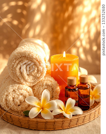 Relaxing spa composition with rolled towels, essential oil bottles, burning candle, and plumeria flowers on wicker tray. Warm lighting background for aromatherapy and wellness. Relaxing spa composition with rolled towels, essential oil bottles, burning candle, and plumeria flowers on wicker tray. Warm lighting background for aromatherapy and wellness. 133252680
