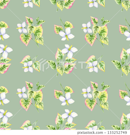 Green seamless background with watercolor illustration of white flowers and pink-green heart leaves, hand drawn. Suitable for fabric, wallpaper, packaging, and digital paper craft projects. Green seamless background with watercolor illustration of white flowers and pink-green heart leaves, hand drawn. Suitable for fabric, wallpaper, packaging, and digital paper craft projects. 133252749