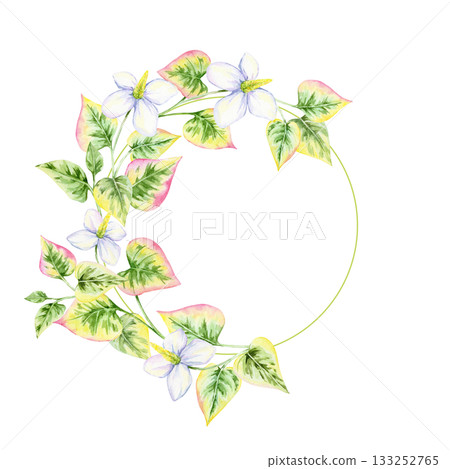 Delicate circle wreath of watercolor illustration leaves in green and pink with white blooms, hand drawn. Useful for wedding stationery, labels, branding, and elegant nature-inspired prints Delicate circle wreath of watercolor illustration leaves in green and pink with white blooms, hand drawn. Useful for wedding stationery, labels, branding, and elegant nature-inspired prints 133252765