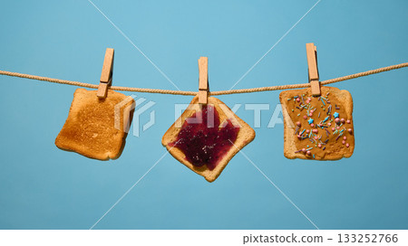 Toast slices with toppings hanging on rope against blue background 133252766