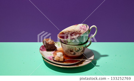 Stacked floral teacups with tea sugar cubes and chocolate Stacked floral teacups with tea sugar cubes and chocolate 133252769